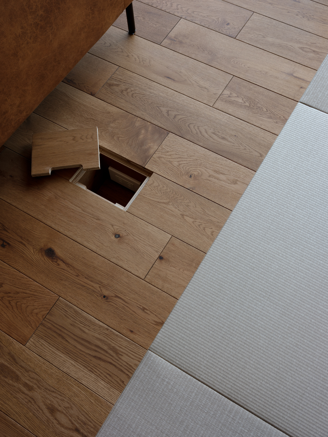 リビング、畳スペース両方から使用できる床コンセントを設置